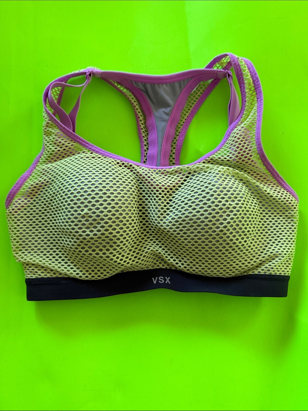 VSX Yellow Mesh Sports Bra with Pink Trim and Black Band Size 32DD